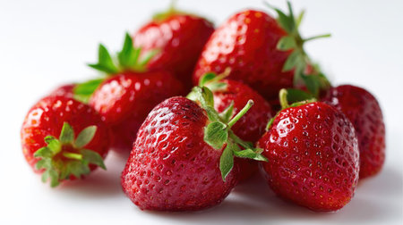 Close-up of a handful of ripe, fresh strawberries with vibrant red color, isolated on a clean white backgroundの素材