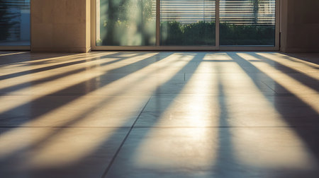 Long shadows of blinds falling across a polished concrete floor in golden hour lighting, evoking calm and solitudeの素材