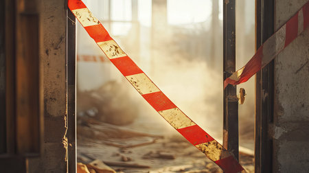 Hazard tape crisscrossing a construction doorway with dust and debris in the background, implying restricted accessの素材