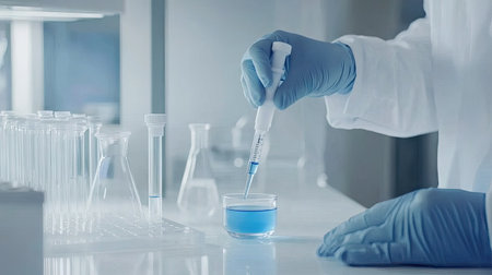Male scientist holding a pipette and transferring blue liquid into a small container in a clean white labの素材