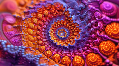 Hypnotic fractal design with fiery reds, oranges, and purples spiraling into a glowing vortex, full of energy and depthの素材