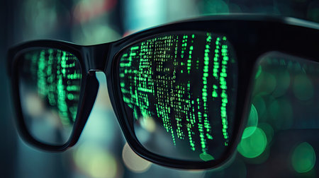 Hacker-style dark ambiance with glasses reflecting green terminal commands, evoking cybersecurity and hacking themesの素材