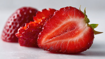 Close-up of a sliced strawberry with a bright red interior, isolated on a pure white backgroundの素材