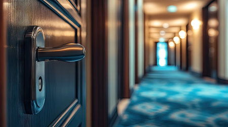 Hotel corridor with focus on door and key card lock, suggesting privacy, safety, and modern accommodationsの素材
