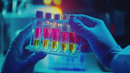 Gloved scientist hands holding test tube rack with multiple colorful chemical samples in a sterile laboratoryの素材