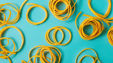 Top-down view of loose rubber bands forming spiral and loop shapes on a clean cyan background, emphasizing color and repetitionの素材