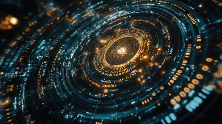 High-detail image of layered clock gears fading into digital binary code, blending mechanical engineering with computer scienceの素材