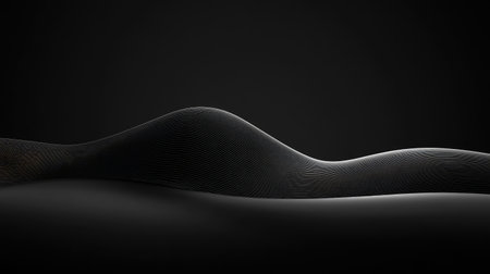 Smooth black background with glossy reflections and subtle wave textures for an abstract and futuristic moodの素材