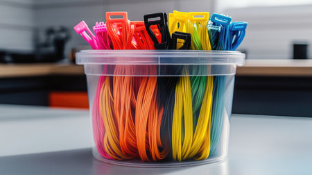 Transparent container filled with self-locking cable ties of various colors placed on a clean workbench surfaceの素材