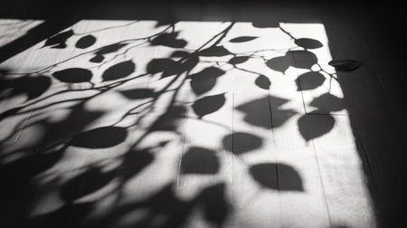 Silhouetted shadows of leaves and branches dancing on a smooth floor, illuminated by soft morning lightの素材