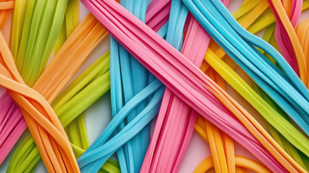 Macro shot of overlapping rubber bands in bright colors, isolated on a white background to highlight texture and formの素材
