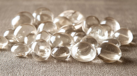 Softly lit background of scattered clear glass beads reflecting ambient light, creating a dreamy sparkle effect on a neutral surfaceの素材