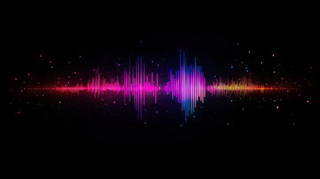 Vibrant digital audio waveform on a black background with glowing neon colors, perfect for music or podcast visualsの素材