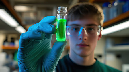 Young researcher studying a vial with fluorescent green chemical, lab shelves and equipment softly blurred in the backgroundの素材