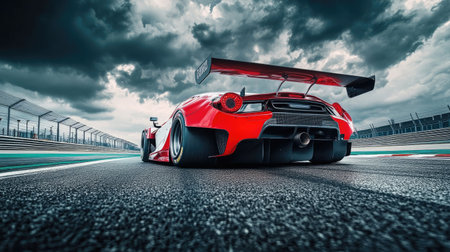 Low-angle view of a racing car with a bold rear spoiler wing, parked on an empty racetrack under a dramatic cloudy skyの素材
