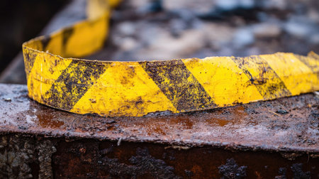 Weathered and dirty hazard tape partially torn, adhered to a rusted surface, evoking themes of wear, caution, and decayの素材