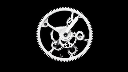 Minimalist abstract clock gear background with white mechanical wheels set against a clean black backdrop, symbolizing precision and balanceの素材