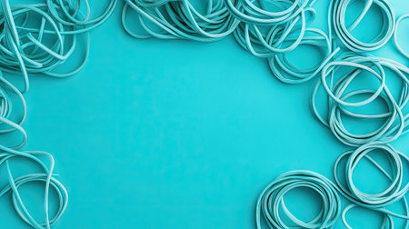 Top-down view of loose rubber bands forming spiral and loop shapes on a clean cyan background, emphasizing color and repetitionの素材