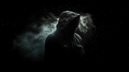 Ultra-dark black background with faint dust particles and cinematic lighting, evoking mystery and dramaの素材