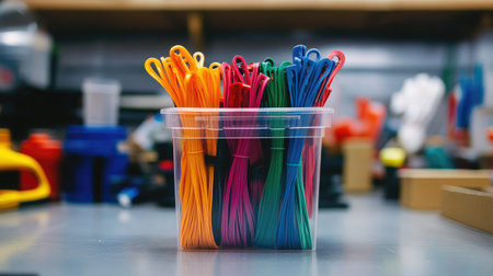 Transparent container filled with self-locking cable ties of various colors placed on a clean workbench surfaceの素材