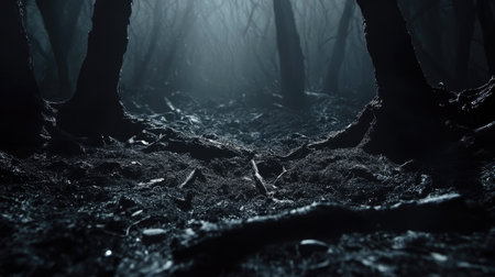 Shadowy black backdrop with minimal ambient lighting and moody cinematic depth for dramatic scenesの素材