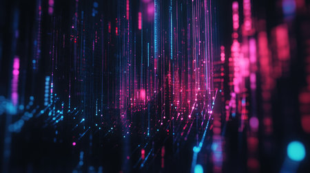 Vibrant digital audio waveform on a black background with glowing neon colors, perfect for music or podcast visualsの素材