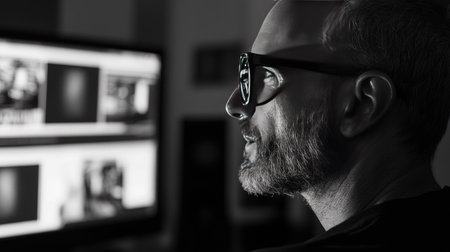 Tech professional at work, with dual monitor screen content reflected in modern designer glassesの素材