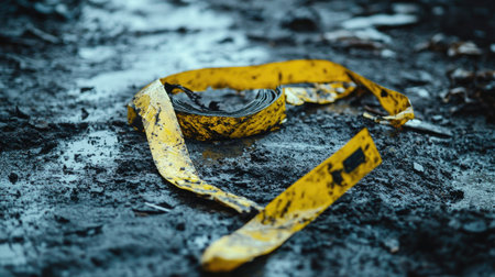 Torn and frayed hazard tape tangled on a rough ground surface, symbolizing danger, decay, and abandonmentの素材