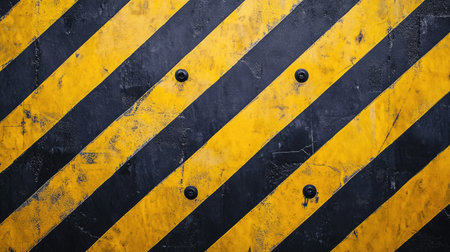 Strips of yellow and black caution tape laid flat in a repetitive diagonal pattern, creating a strong graphic design textureの素材