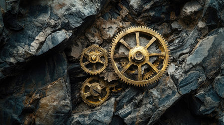 Vintage clock gears partially embedded in stone, combining time and nature in an abstract, symbolic backgroundの素材