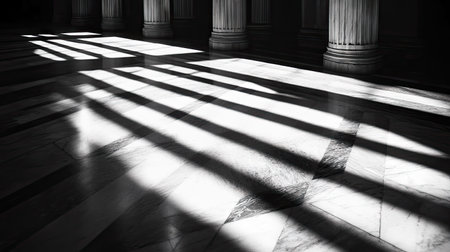 Sharp light beams and shadows projected on a minimalist floor, creating modern architectural vibes and strong linesの素材