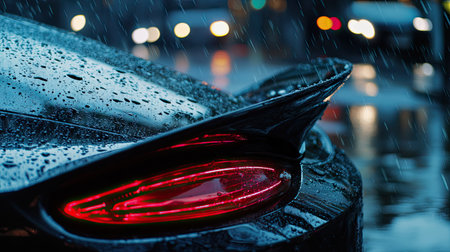 Wet rear window and spoiler wing of a car during light rain, reflecting soft ambient light from city street lampsの素材
