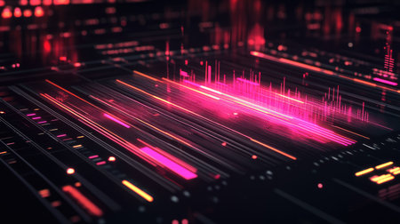 Vibrant digital audio waveform on a black background with glowing neon colors, perfect for music or podcast visualsの素材