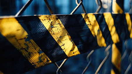 Sunlight casting dramatic shadows on yellow and black hazard tape stretched across a fence at a work siteの素材