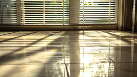 Strong shadows from window blinds falling across a glossy tiled floor, adding dramatic texture and contrast to the sceneの素材