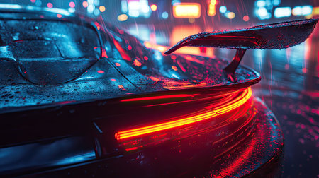 Wet rear window and spoiler wing of a car during light rain, reflecting soft ambient light from city street lampsの素材