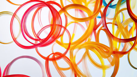 Vibrant rubber bands floating or suspended against a transparent or white background, creating a playful and dynamic abstract sceneの素材