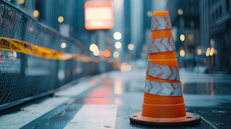 Wrapped hazard tape around a traffic cone with a blurred urban construction zone in the backgroundの素材