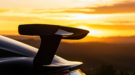 Silhouette of a rear spoiler wing at sunrise, mounted on a car parked at a scenic overlook with soft golden hour lightの素材