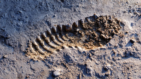 Close-up of a detailed mud footprint with visible shoe tread patterns on a concrete floorの素材