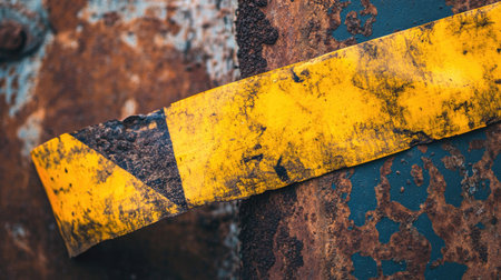 Weathered and dirty hazard tape partially torn, adhered to a rusted surface, evoking themes of wear, caution, and decayの素材