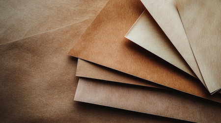 Layered sheets of glossy brown paper in varying shades, creating depth and elegance, with soft shadows and premium feelの素材