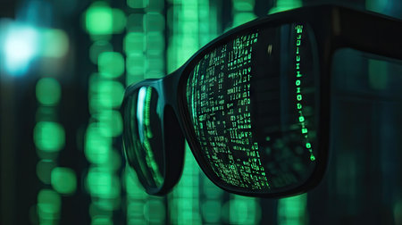 Hacker-style dark ambiance with glasses reflecting green terminal commands, evoking cybersecurity and hacking themesの素材