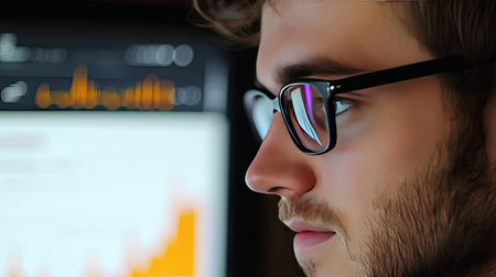 Young professional with glasses showing a real-time graph update on the screen, suggesting tech monitoring and efficiencyの素材