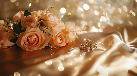 Wedding bouquet and rings on a silk cloth under chandelier lighting, with sparkles reflecting off polished surfacesの素材