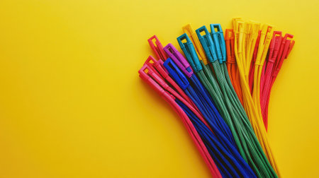 Colorful cable ties bundled together on a vibrant yellow background, creating a bold and modern compositionの素材