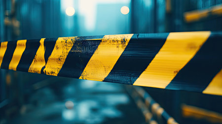 Close-up of yellow and black striped warning tape stretched across a construction zone with blurred industrial backgroundの素材