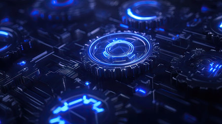 Futuristic digital clock gears overlayed on a dark abstract background with glowing lines and blue neon highlights, symbolizing time and technology fusionの素材