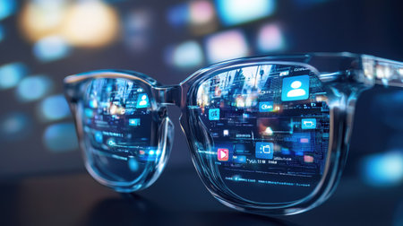 Computer screen with social media interface mirrored in glasses, illustrating digital lifestyle and online engagementの素材