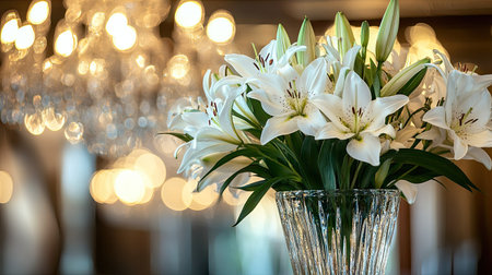 Crystal vase with fresh lilies placed directly under chandelier lighting, enhancing the glass and floral beautyの素材